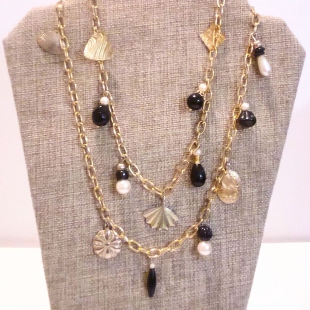 Vintage Gold Tone Long Beaded Charm Necklace